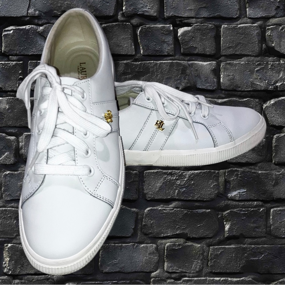 Ralph Lauren Janson II White Leather Gold Color RL Logo Sneakers Preppy Size 9.5